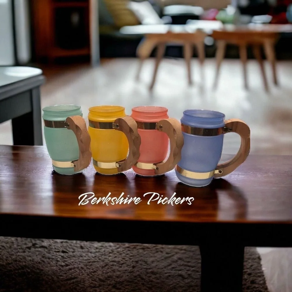 Siesta Ware Banded Barrel Pastel Frosted Glass Wood Handle‎ Mug Lot of 4